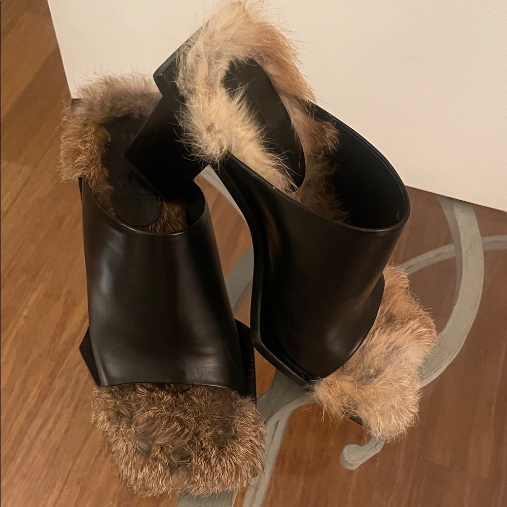 Marques Almeida Black Leather Mules with Brown Fur